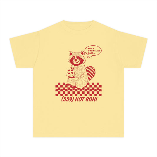 Youth Tee — Vintage Raccoon Pizza Design (“For a Good Ramen Call… (559) Hot Roni”)