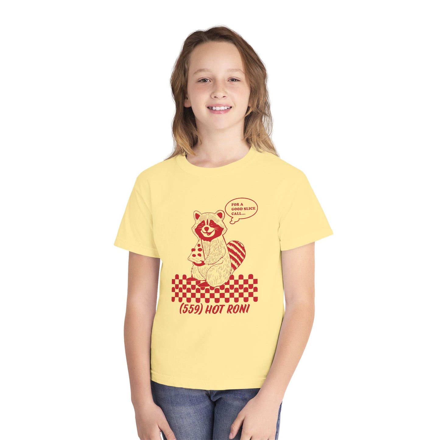 Youth Tee — Vintage Raccoon Pizza Design (“For a Good Ramen Call… (559) Hot Roni”)