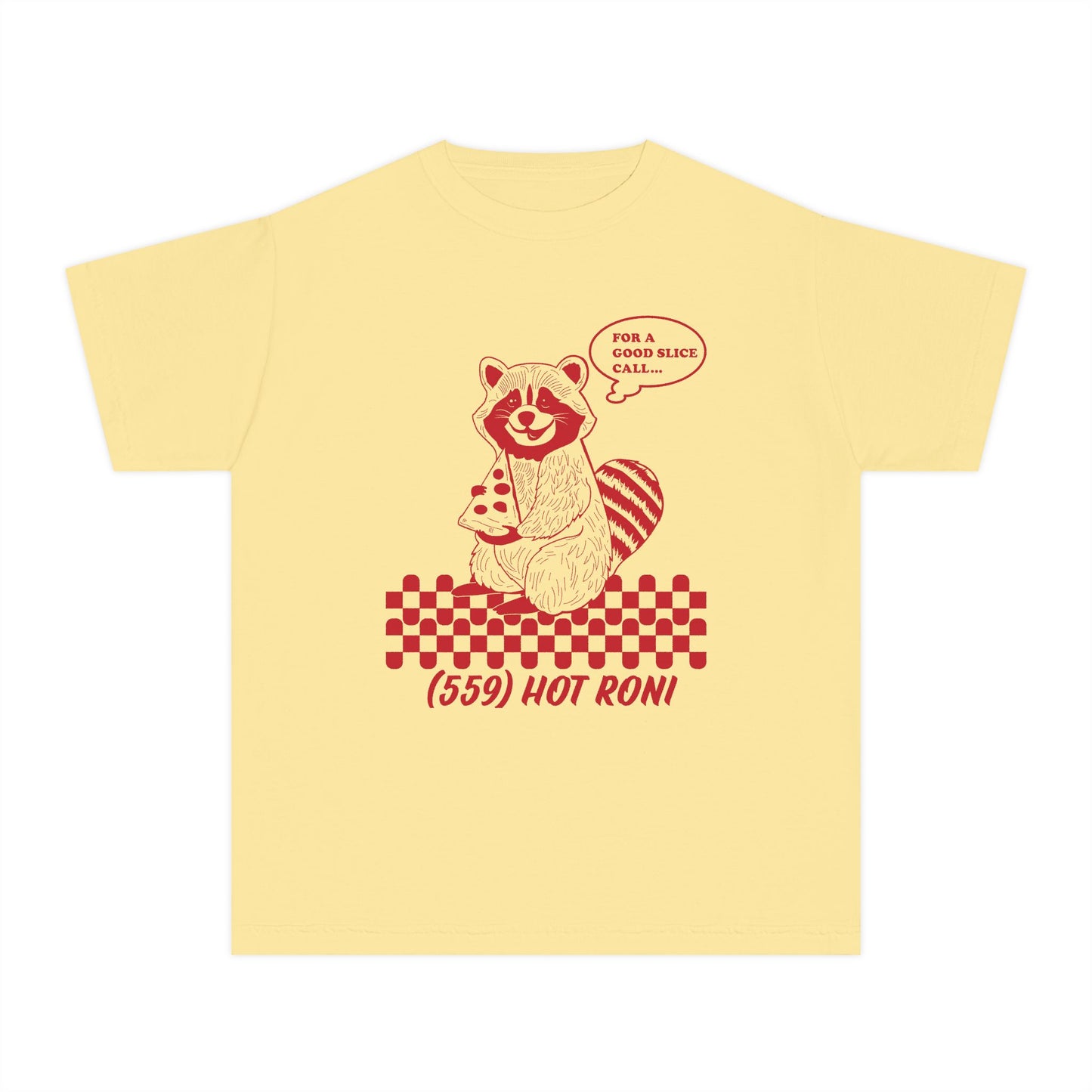 Youth Tee — Vintage Raccoon Pizza Design (“For a Good Ramen Call… (559) Hot Roni”)